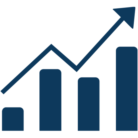 Ein dunkelblaues Symbol, das ein Balkendiagramm mit einem nach oben zeigenden Pfeil zeigt, das für Wachstum oder Fortschritte steht.
