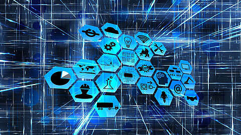 Sechseckige Symbole mit verschiedenen Technologie- und Geschäftssymbolen sind in einem Cluster auf einem digitalen, blauen, gitterartigen Hintergrund mit Lichtstreifen angeordnet und stellen Konzepte wie Daten, Wissenschaft, Industrie und Konnektivität dar.