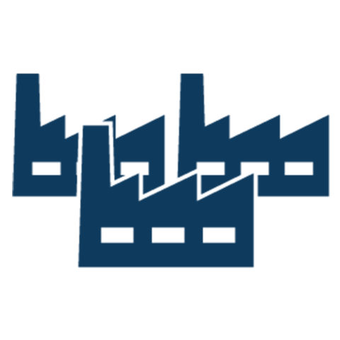Ein einfaches blaues Symbol von drei sich überschneidenden Fabrikgebäuden mit rechteckigen Fenstern und gezackten Dächern, die die industrielle Produktion symbolisieren.